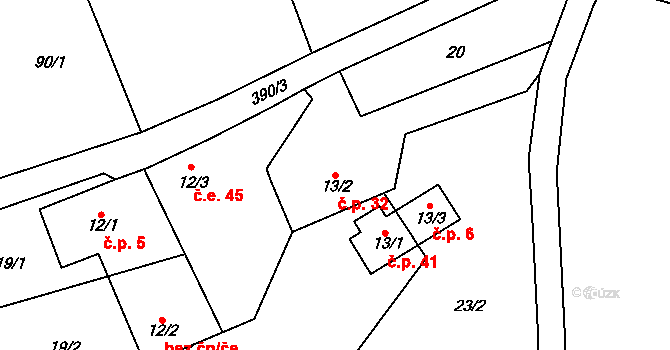 Urbanice 32 na parcele st. 13/2 v KÚ Urbanice, Katastrální mapa