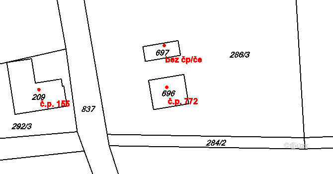 Prostřední Bludovice 772, Horní Bludovice na parcele st. 696 v KÚ Prostřední Bludovice, Katastrální mapa