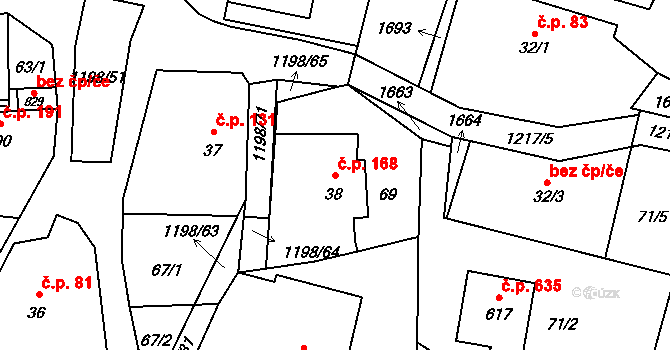 Mořkov 168 na parcele st. 38 v KÚ Mořkov, Katastrální mapa