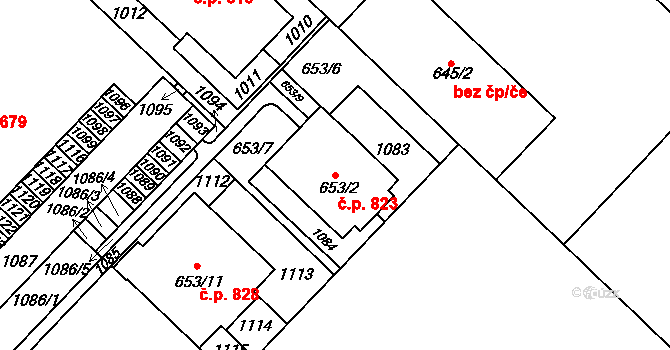 Lobeček 823, Kralupy nad Vltavou na parcele st. 653/2 v KÚ Lobeček, Katastrální mapa