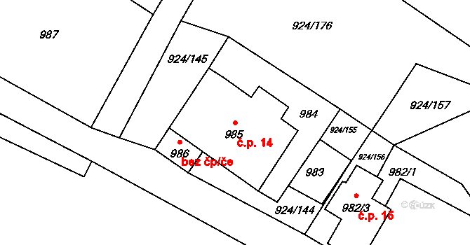 Dobrá 14, Stožec na parcele st. 985 v KÚ České Žleby, Katastrální mapa