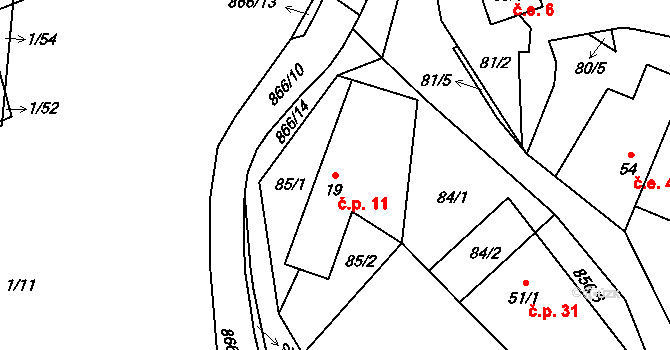 Liškov 11, Čížkov na parcele st. 19 v KÚ Liškov, Katastrální mapa