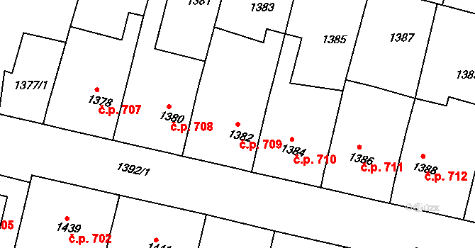 Klobouky u Brna 709 na parcele st. 1382 v KÚ Klobouky u Brna, Katastrální mapa