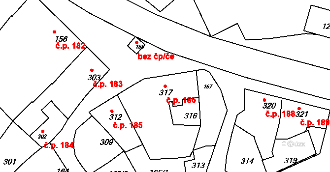 Prosenice 186 na parcele st. 317 v KÚ Proseničky, Katastrální mapa