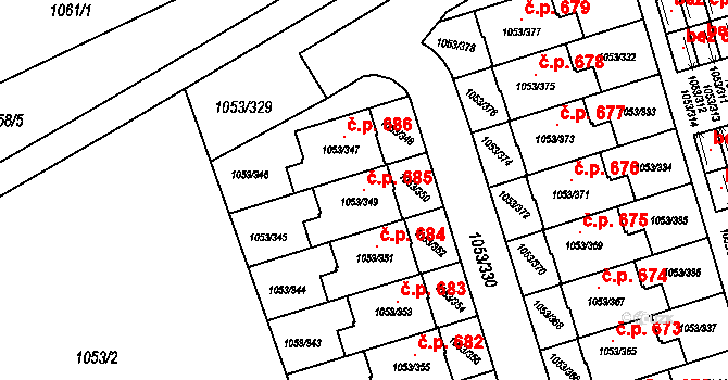 Liberec XI-Růžodol I 685, Liberec na parcele st. 1053/349 v KÚ Růžodol I, Katastrální mapa