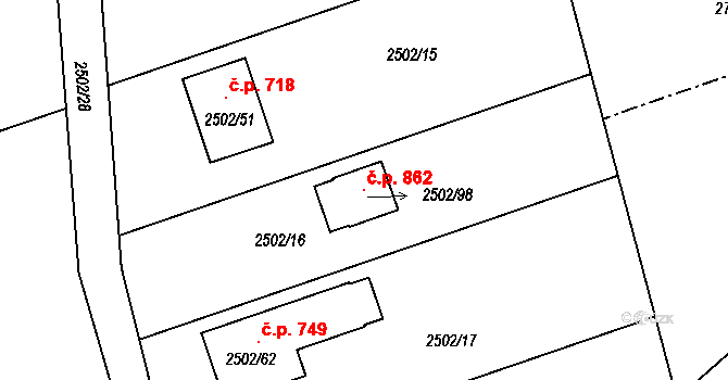Rapotín 862 na parcele st. 2502/98 v KÚ Rapotín, Katastrální mapa