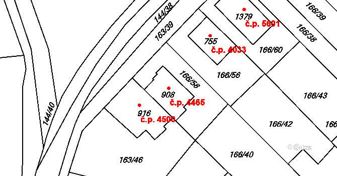 Jihlava 4465 na parcele st. 908 v KÚ Bedřichov u Jihlavy, Katastrální mapa