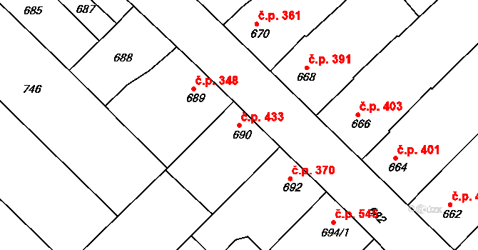 Moravský Písek 433 na parcele st. 690 v KÚ Moravský Písek, Katastrální mapa