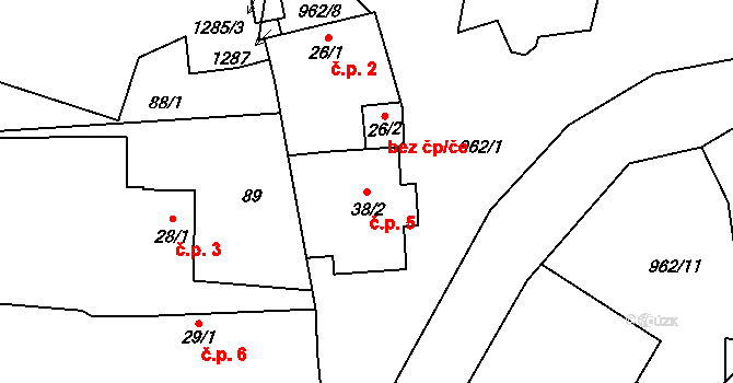 Miřetice 5 na parcele st. 38/2 v KÚ Miřetice, Katastrální mapa