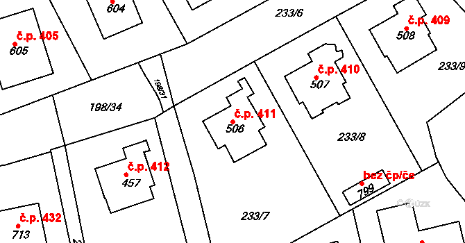 Nechanice 411 na parcele st. 506 v KÚ Nechanice, Katastrální mapa