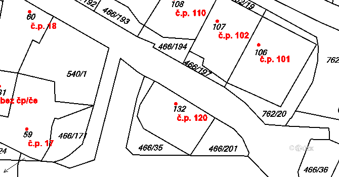 Broumy 120 na parcele st. 132 v KÚ Broumy, Katastrální mapa