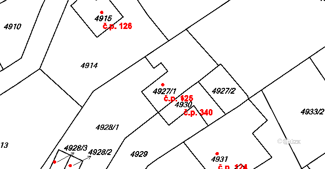 Lískovec 125, Frýdek-Místek na parcele st. 4927/1 v KÚ Lískovec u Frýdku-Místku, Katastrální mapa