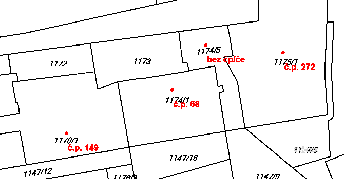 Frýdlant 68, Frýdlant nad Ostravicí na parcele st. 1174/1 v KÚ Frýdlant nad Ostravicí, Katastrální mapa