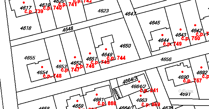 Záběhlice 744, Praha na parcele st. 4649 v KÚ Záběhlice, Katastrální mapa