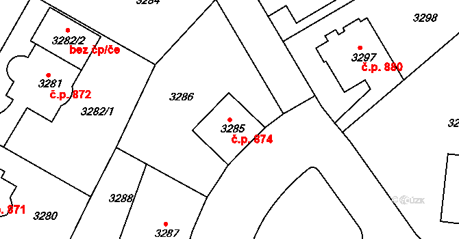 Dejvice 874, Praha na parcele st. 3285 v KÚ Dejvice, Katastrální mapa