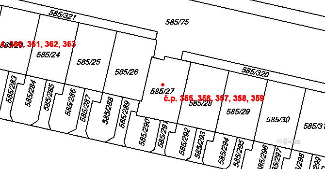 Bohnice 355,356,357,358,359, Praha na parcele st. 585/27 v KÚ Bohnice, Katastrální mapa
