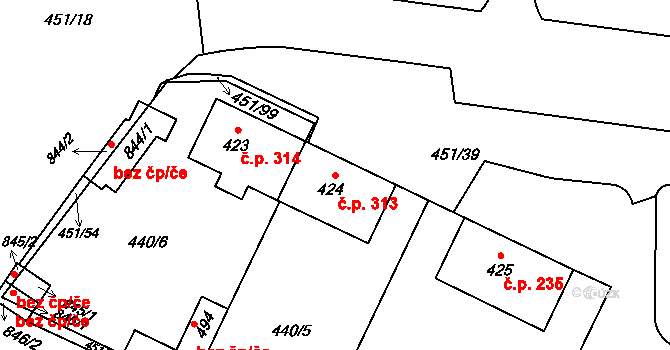 Povel 313, Olomouc na parcele st. 424 v KÚ Povel, Katastrální mapa