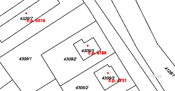 Chomutov 4786 na parcele st. 4309/3 v KÚ Chomutov II, Katastrální mapa