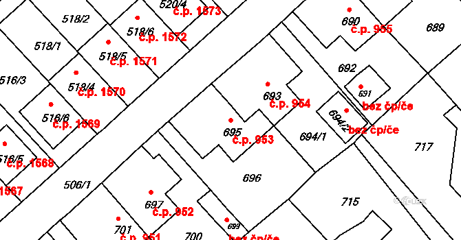 Jirkov 953 na parcele st. 695 v KÚ Jirkov, Katastrální mapa
