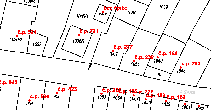 Blučina 237 na parcele st. 1052 v KÚ Blučina, Katastrální mapa