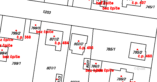 Újezd 495, Plzeň na parcele st. 802/2 v KÚ Újezd, Katastrální mapa