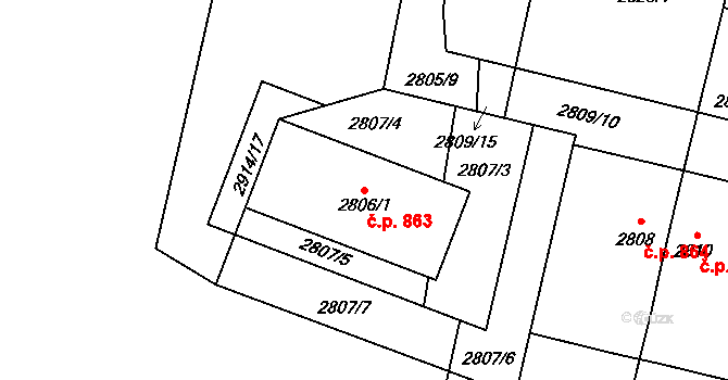 Kašenec 863, Miroslav na parcele st. 2806/1 v KÚ Miroslav, Katastrální mapa