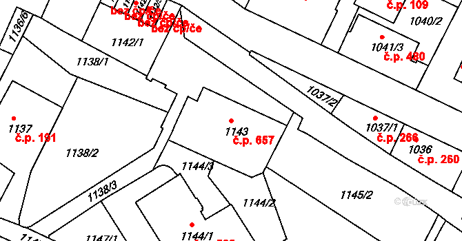 Liberec IV-Perštýn 657, Liberec na parcele st. 1143 v KÚ Liberec, Katastrální mapa