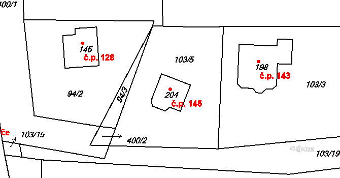 Borek 145, Rokycany na parcele st. 204 v KÚ Borek u Rokycan, Katastrální mapa