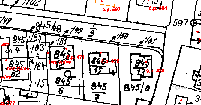 Město Touškov 472 na parcele st. 845/15 v KÚ Město Touškov, Katastrální mapa