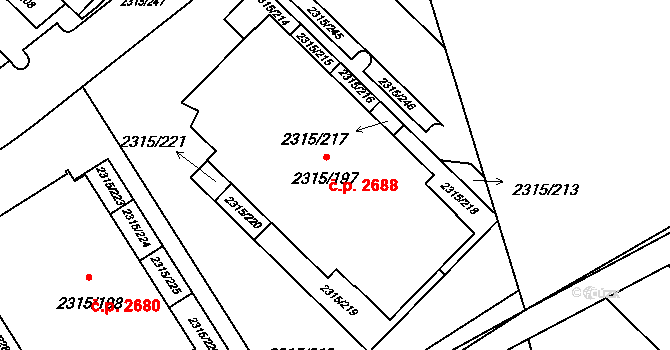 Stodůlky 2688, Praha na parcele st. 2315/197 v KÚ Stodůlky, Katastrální mapa
