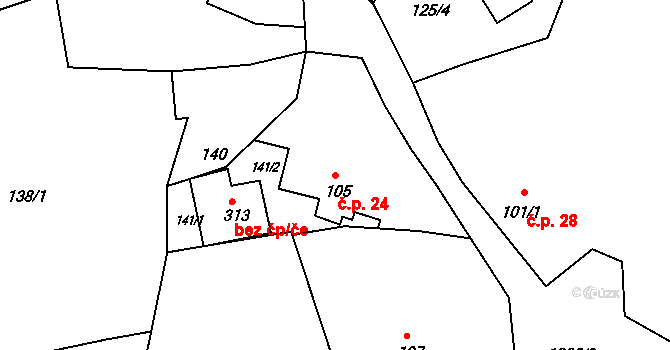 Prčice 24, Sedlec-Prčice na parcele st. 105 v KÚ Prčice, Katastrální mapa