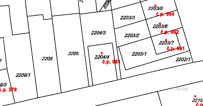 Nivnice 981 na parcele st. 2204/4 v KÚ Nivnice, Katastrální mapa