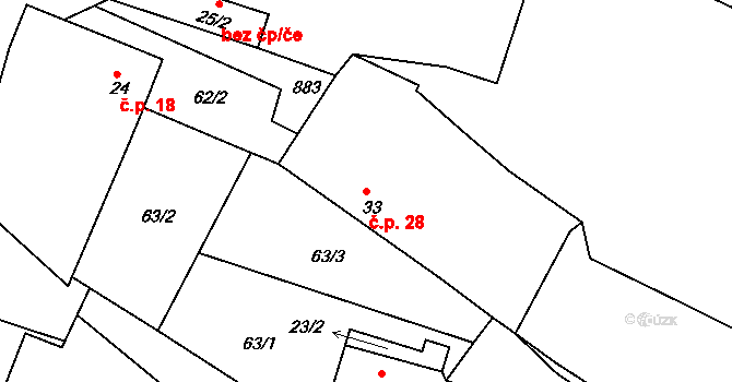 Bezděčín 28, Želeč na parcele st. 33 v KÚ Bezděčín, Katastrální mapa