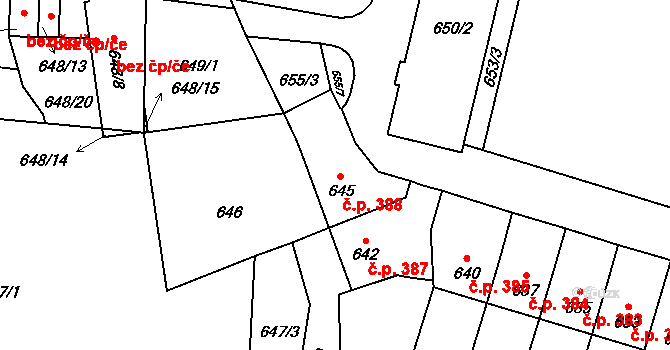 Veselí nad Lužnicí I 388, Veselí nad Lužnicí na parcele st. 645 v KÚ Veselí nad Lužnicí, Katastrální mapa