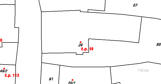 Podmokly 19 na parcele st. 29 v KÚ Podmokly nad Berounkou, Katastrální mapa