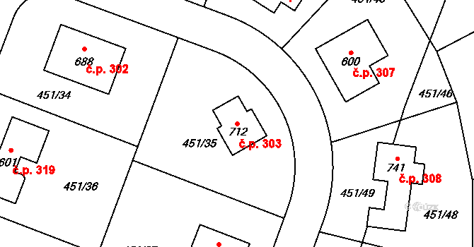 Horoušánky 303, Horoušany na parcele st. 712 v KÚ Horoušany, Katastrální mapa