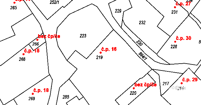Děrné 16, Fulnek na parcele st. 219 v KÚ Děrné, Katastrální mapa