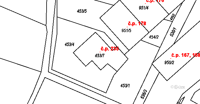 Horákov 235, Mokrá-Horákov na parcele st. 453/7 v KÚ Horákov, Katastrální mapa