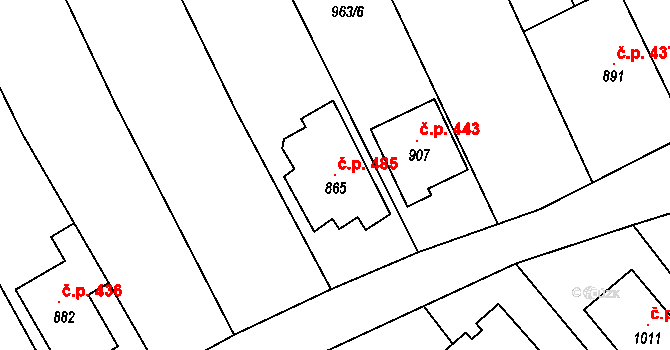 Vrbice 485 na parcele st. 865 v KÚ Vrbice u Velkých Pavlovic, Katastrální mapa