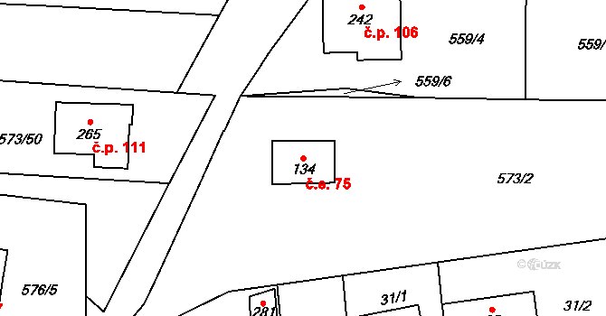 Čunín 75, Konice na parcele st. 134 v KÚ Čunín, Katastrální mapa