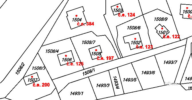Sázava 197 na parcele st. 1505 v KÚ Sázava, Katastrální mapa