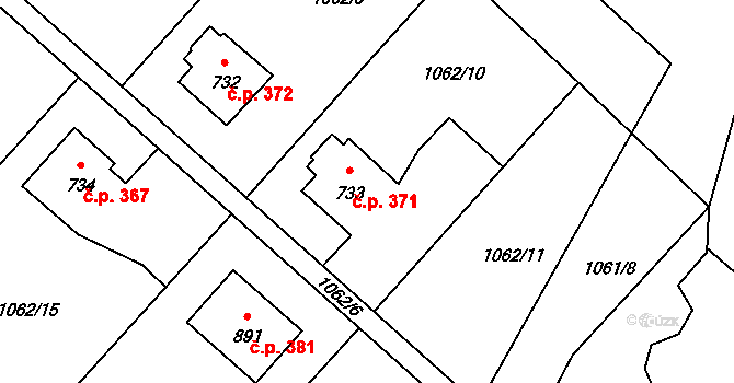 Konská 371, Třinec na parcele st. 733 v KÚ Konská, Katastrální mapa