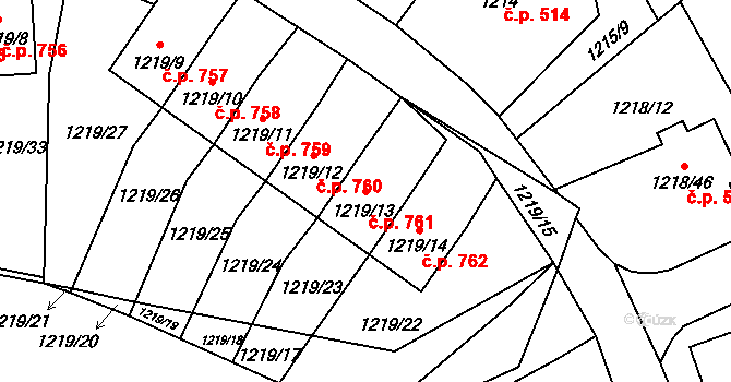 Doksy 761 na parcele st. 1219/13 v KÚ Doksy u Máchova jezera, Katastrální mapa