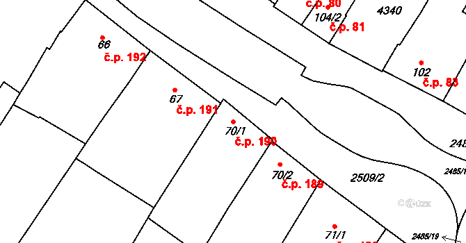 Kyjov 190 na parcele st. 70/1 v KÚ Kyjov, Katastrální mapa