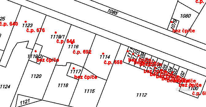 Švermov 658, Kladno na parcele st. 1114 v KÚ Motyčín, Katastrální mapa