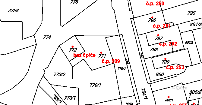 Frýdlant 209 na parcele st. 771 v KÚ Frýdlant, Katastrální mapa
