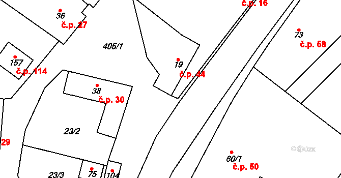 Horní Stakory 44, Kosmonosy na parcele st. 19 v KÚ Horní Stakory, Katastrální mapa