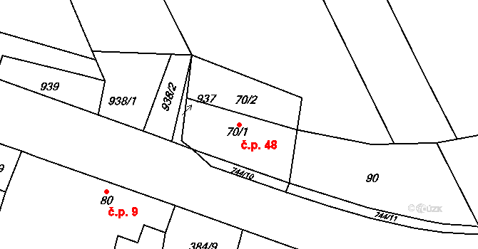 Cholenice 48 na parcele st. 70/1 v KÚ Cholenice, Katastrální mapa