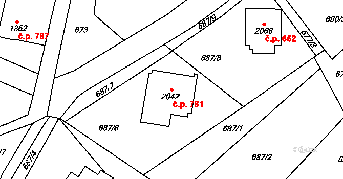 Horní Bečva 781 na parcele st. 2042 v KÚ Horní Bečva, Katastrální mapa