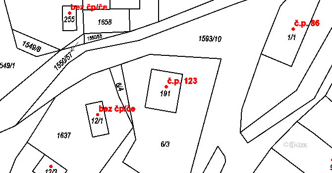 Kladeruby 123 na parcele st. 191 v KÚ Kladeruby, Katastrální mapa